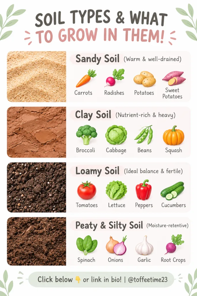 An educational infographic titled SOIL TYPES WHAT TO GROW IN THEM showing four soil types Sandy Clay Loamy and Peaty Sil