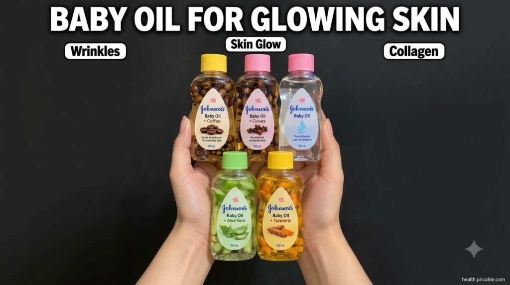 A collection of small glass bottles each filled with Johnson s Baby Oil and infused with different natural ingredients l