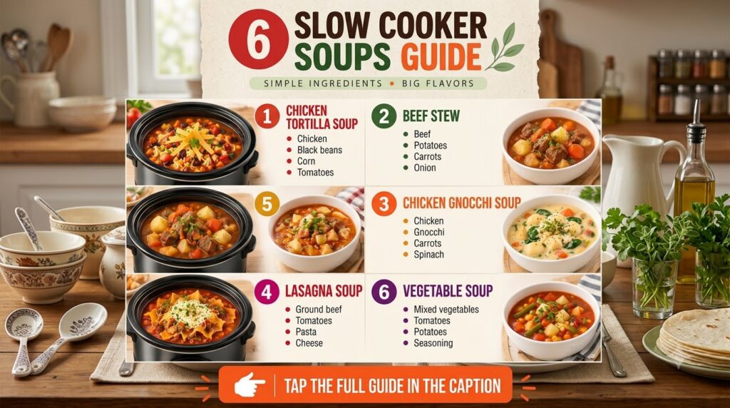 An infographic displaying six distinct vegan slow cooker soup recipes each with its name key ingredients and two visuals