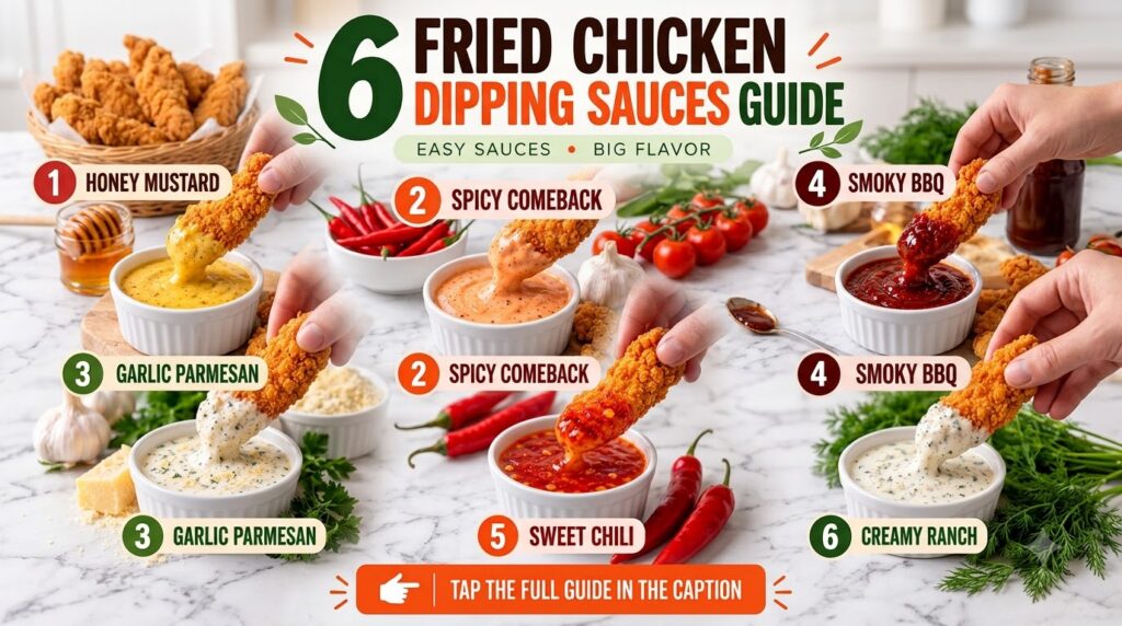 A vibrant 3x2 grid showcasing six different vegan dipping sauces Each panel features a crispy vegan chicken tender being