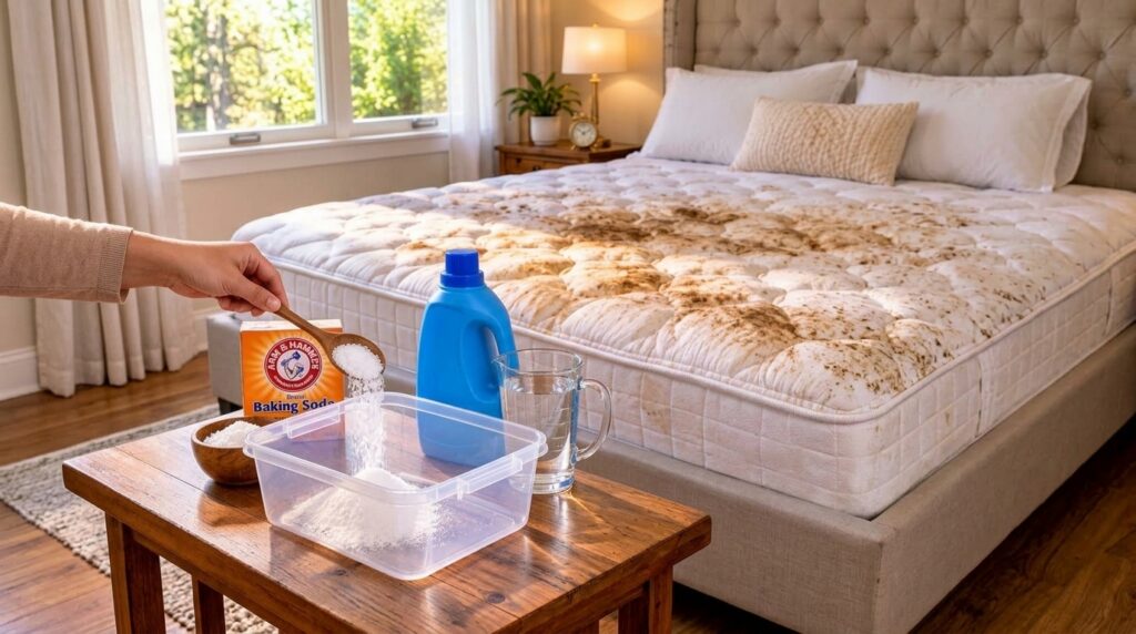 A hand pouring white baking soda from a wooden spoon into a clear container with a bottle of blue laundry detergent and