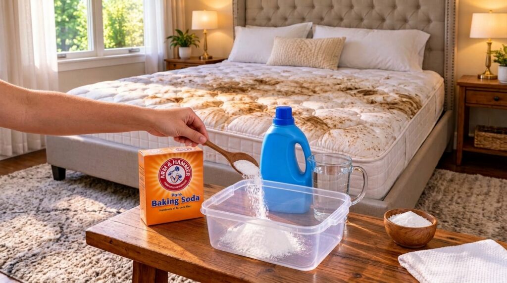 A hand pouring baking soda from a wooden spoon into a clear container with a blue fabric softener bottle a glass measuri