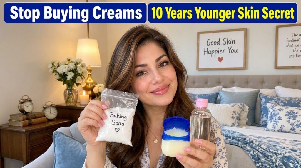A friendly smiling woman holding up a small bag of baking soda a tub of Vaseline Petroleum Jelly and a bottle of Johnson