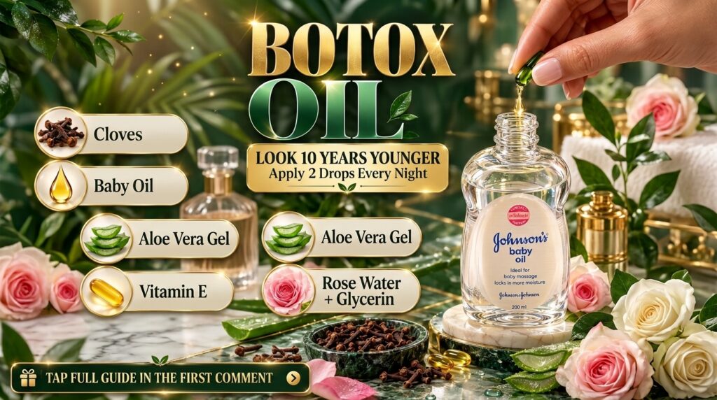 A bottle of Johnson s baby oil surrounded by natural ingredients like cloves aloe vera rose petals and vitamin E capsule