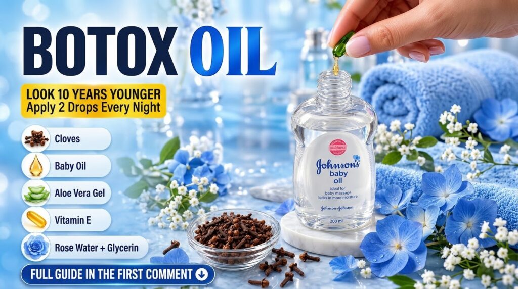 A bottle of Johnson s baby oil with natural ingredients like cloves aloe vera and rose water surrounding it A hand is ad