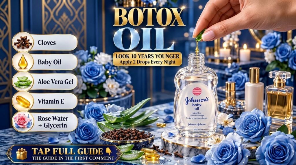 A bottle of Johnson s Baby Oil on a marble pedestal with a hand holding a green capsule dropping oil into it Surrounded 