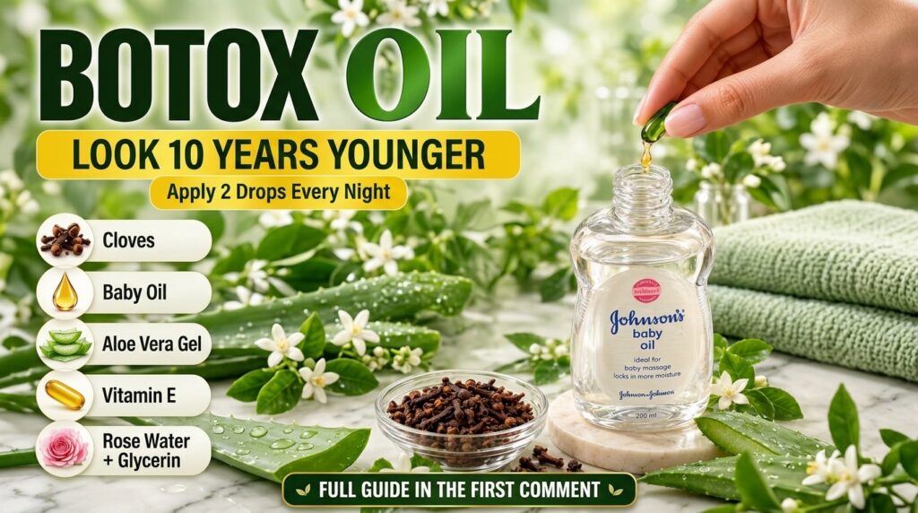 A hand dropping liquid from a vitamin E capsule into a bottle of Johnson s baby oil surrounded by cloves aloe vera leave