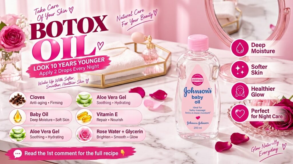 A bottle of Johnson s Baby Oil surrounded by natural ingredients like cloves aloe vera vitamin E capsules and roses arra