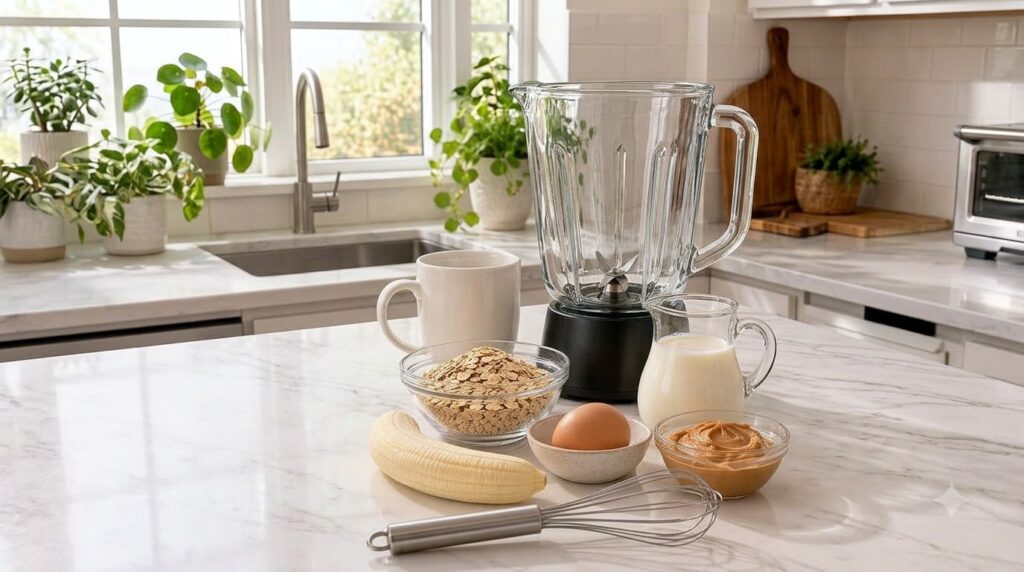 A delicious peanut butter banana mug cake in a ceramic mug with a spoon digging in showing its soft and fluffy texture