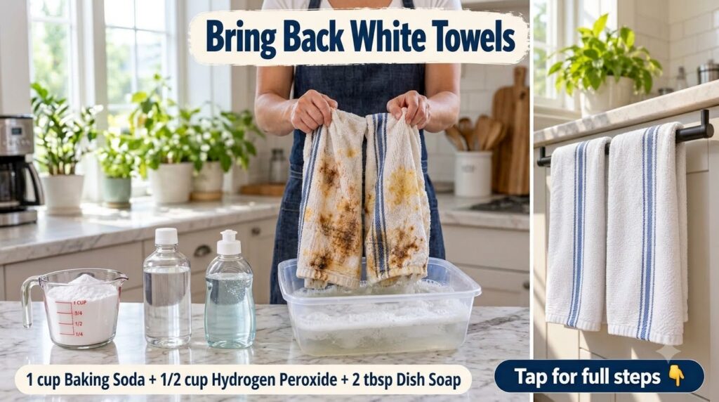 A pair of hands holding two heavily stained white kitchen towels with blue stripes over a clear plastic wash basin fille