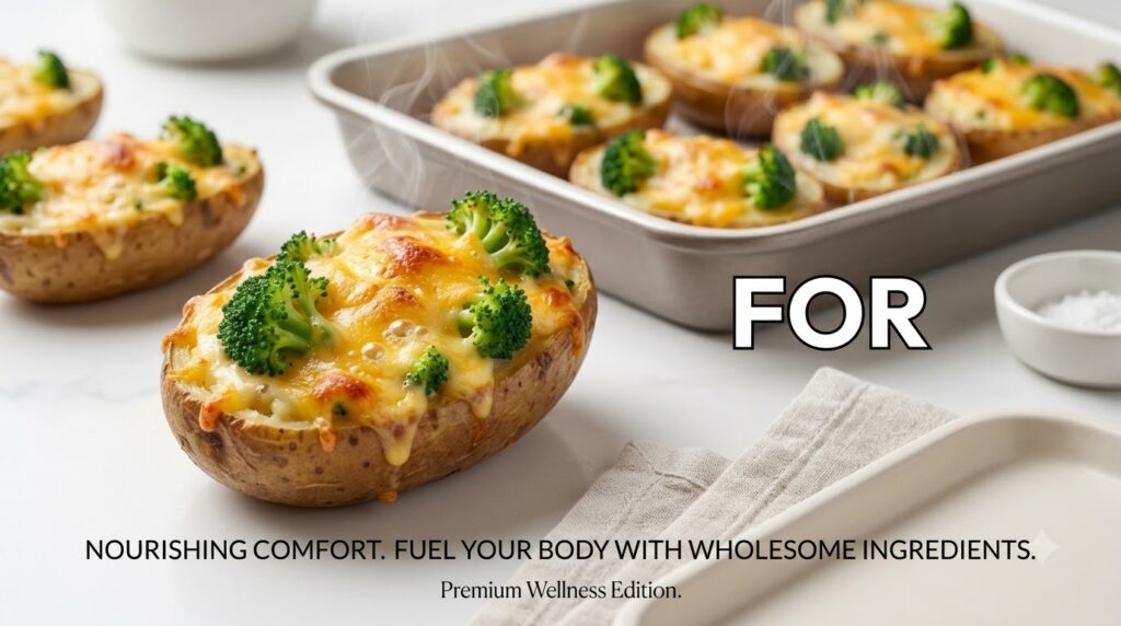 A close-up shot of steaming hot twice-baked potatoes generously topped with melted bubbly golden-yellow cheese and green
