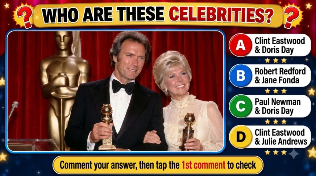 Clint Eastwood and Doris Day smiling holding Golden Globe awards in front of a red curtain as seen in the quiz image