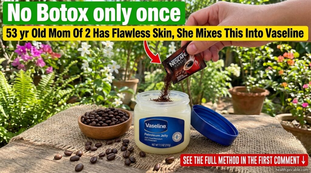 An open jar of Vaseline with a hand pouring instant coffee powder into it Coffee beans are scattered around and green fo