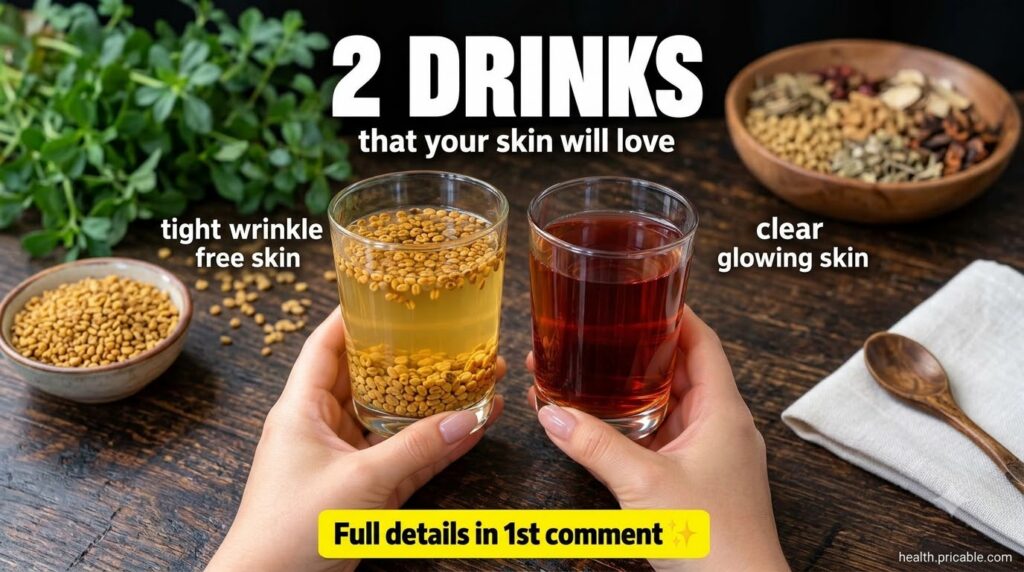 Two distinct beauty drinks one light yellow with fenugreek seeds for tight skin and one dark reddish-brown for clear glo