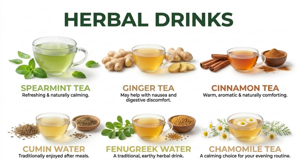 A grid-layout infographic showing six different clear glass teacups each with a unique herbal drink and its correspondin