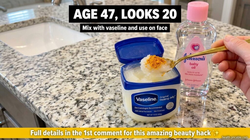 A close-up shot of a tub of petroleum jelly a small bottle of glycerin and a bowl of turmeric powder arranged on a clean