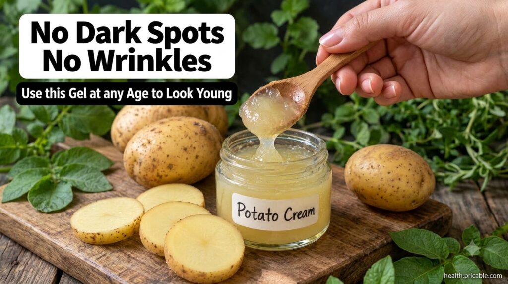 A small glass jar of yellowish potato cream gel with a wooden spoon scooping it surrounded by fresh whole and sliced pot