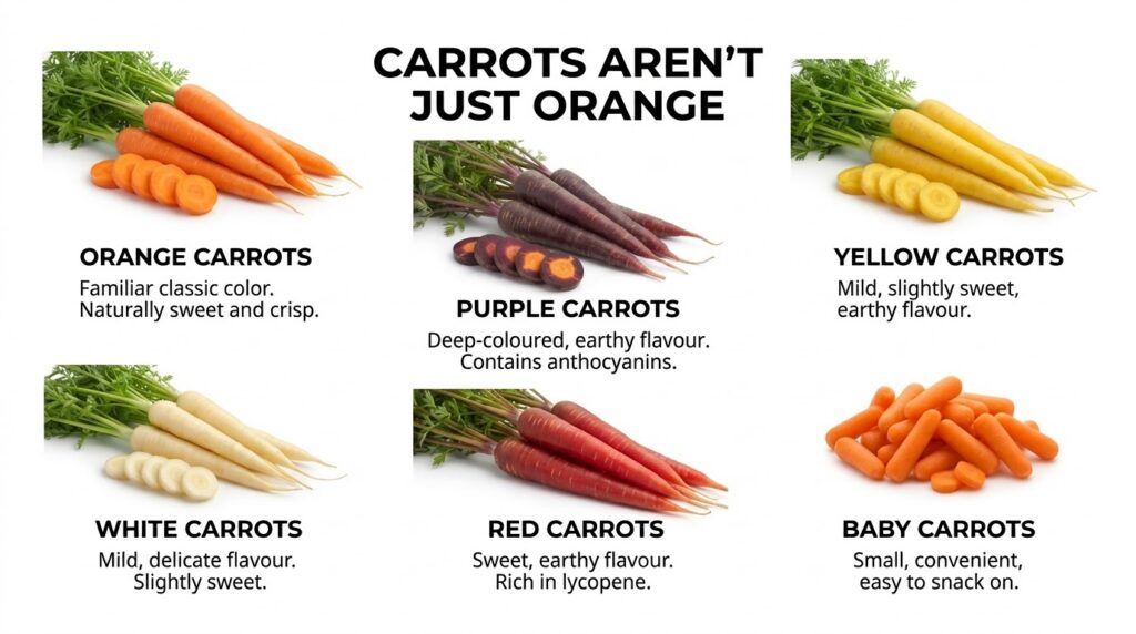 An assortment of six different colored carrots orange purple yellow white red and baby carrots neatly arranged with thei