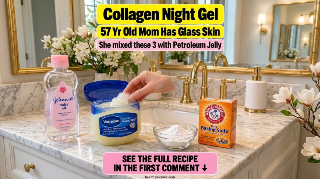 Three ingredients a jar of petroleum jelly a bottle of baby oil and a box of baking soda arranged on a clean bathroom va