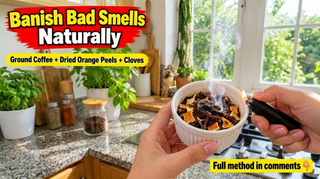 A hand holding a white ceramic ramekin with a burning mixture of coffee grounds dried citrus peels and cloves emitting w