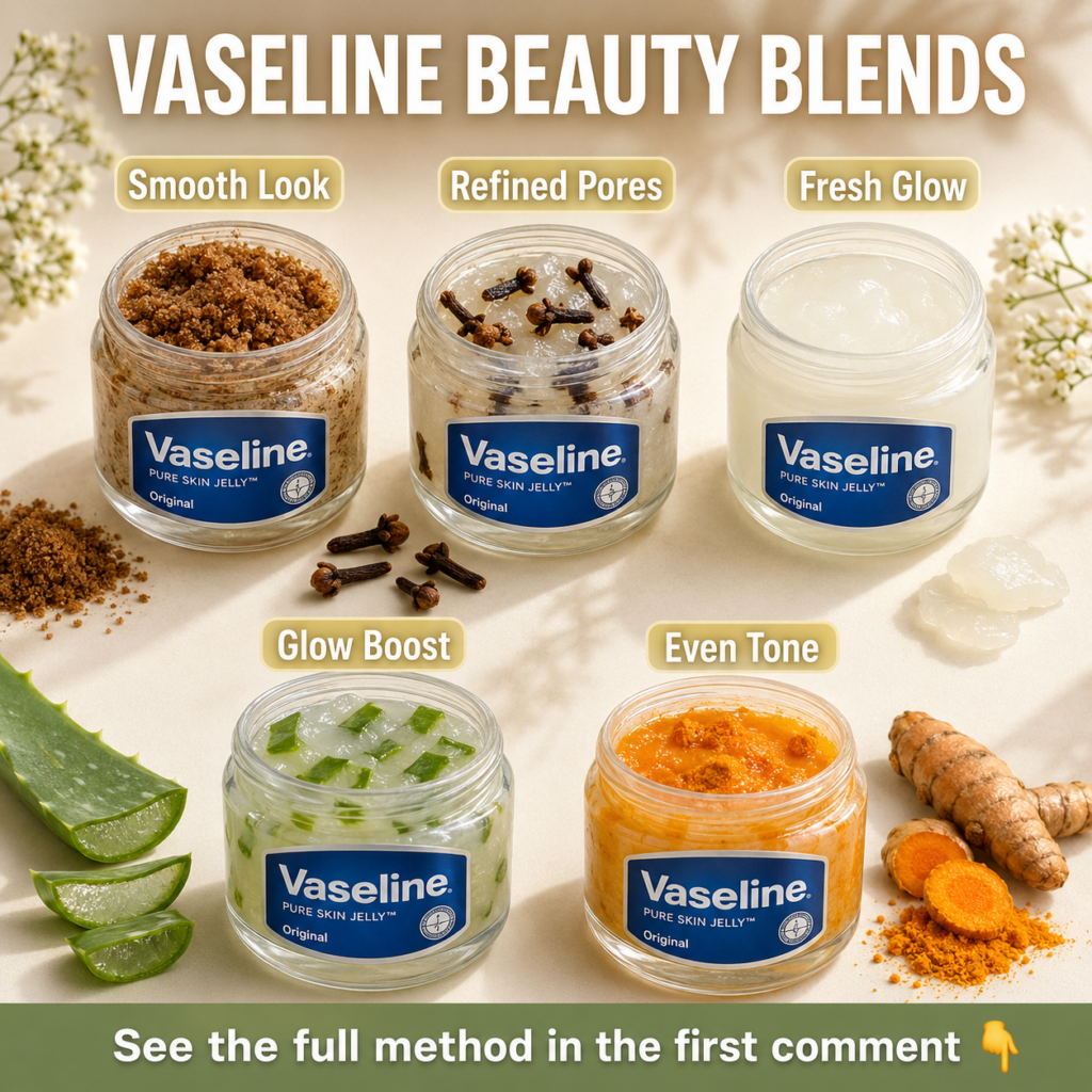 Five open jars of Vaseline blended with brown sugar cloves aloe vera and turmeric with ingredients scattered around them