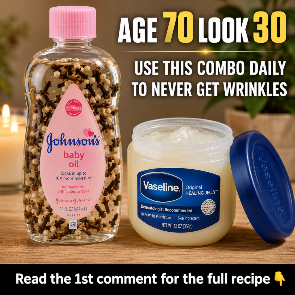 Two skincare products Johnson s baby oil infused with cloves and peppercorns and an open jar of Vaseline Original Healin
