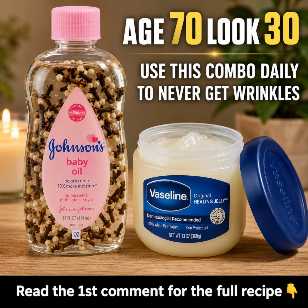 Two skincare products Johnson s baby oil infused with cloves and peppercorns and an open jar of Vaseline Original Healin