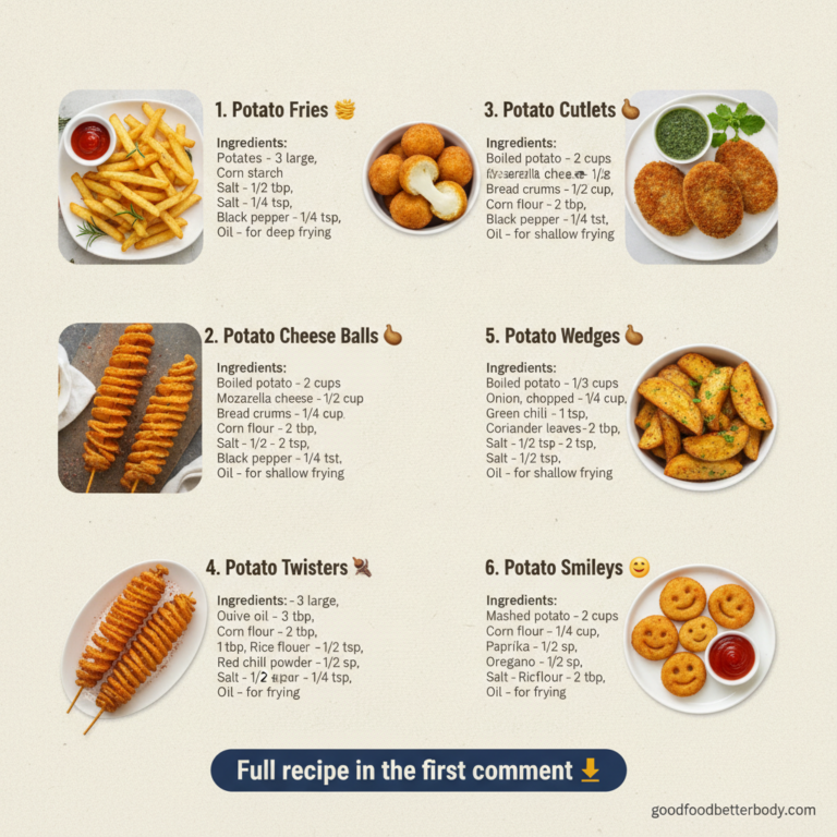 A vibrant and inviting flat lay of six different potato snack dishes arranged on a rustic wooden board Each dish is dist