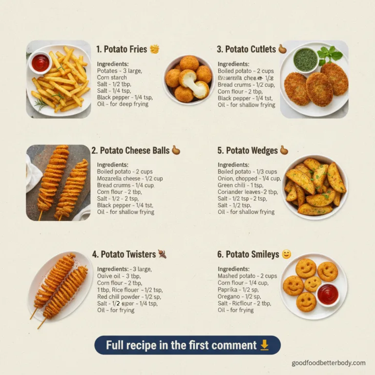 A vibrant and inviting flat lay of six different potato snack dishes arranged on a rustic wooden board Each dish is dist