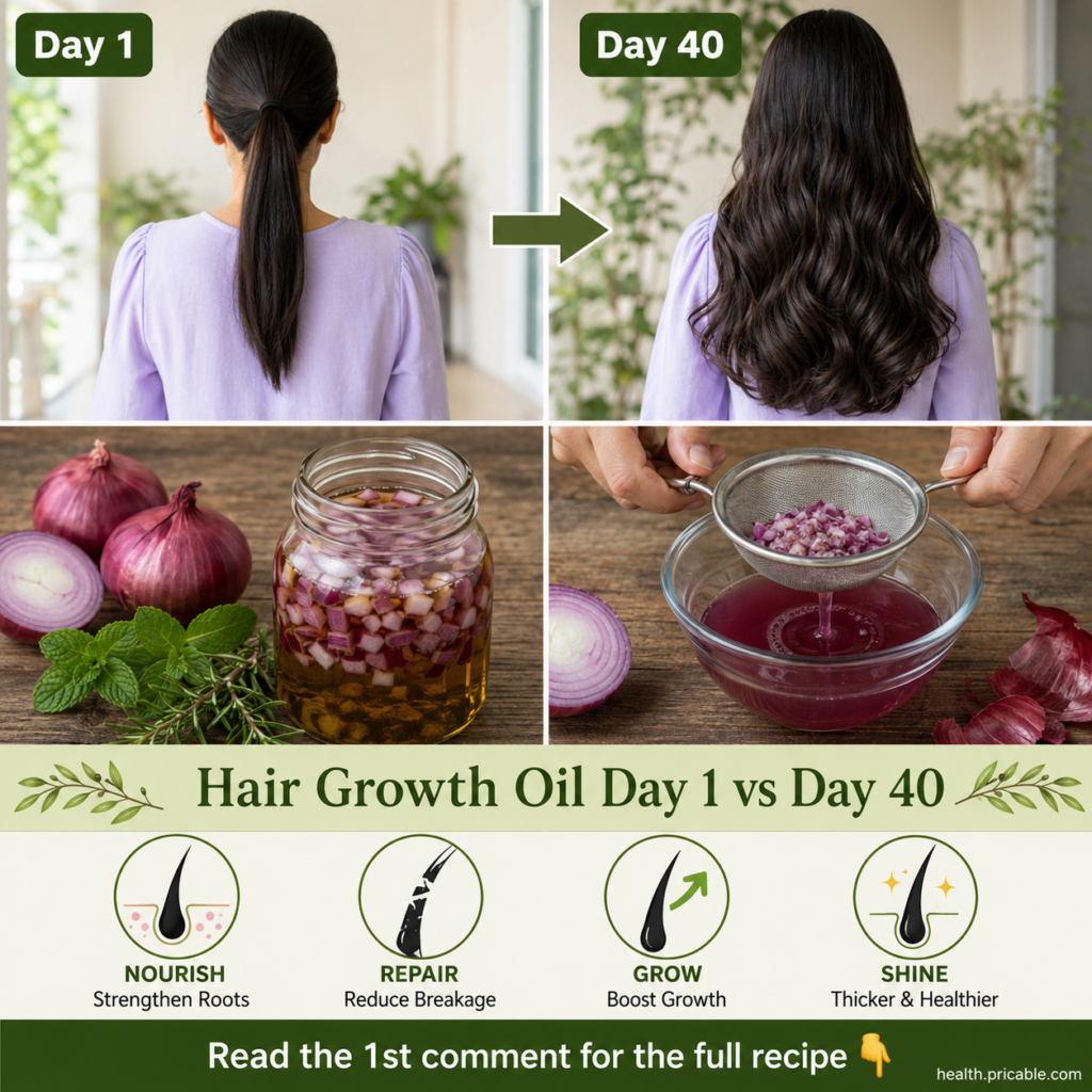 A close-up of a person gently massaging DIY onion oil into their scalp with fresh red onions and a bottle of oil in the 