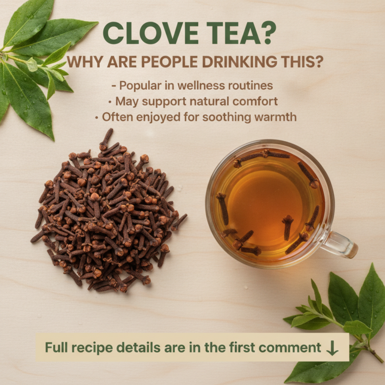 A steaming mug of golden-brown clove tea garnished with whole cloves and a cinnamon stick on a rustic wooden table The s