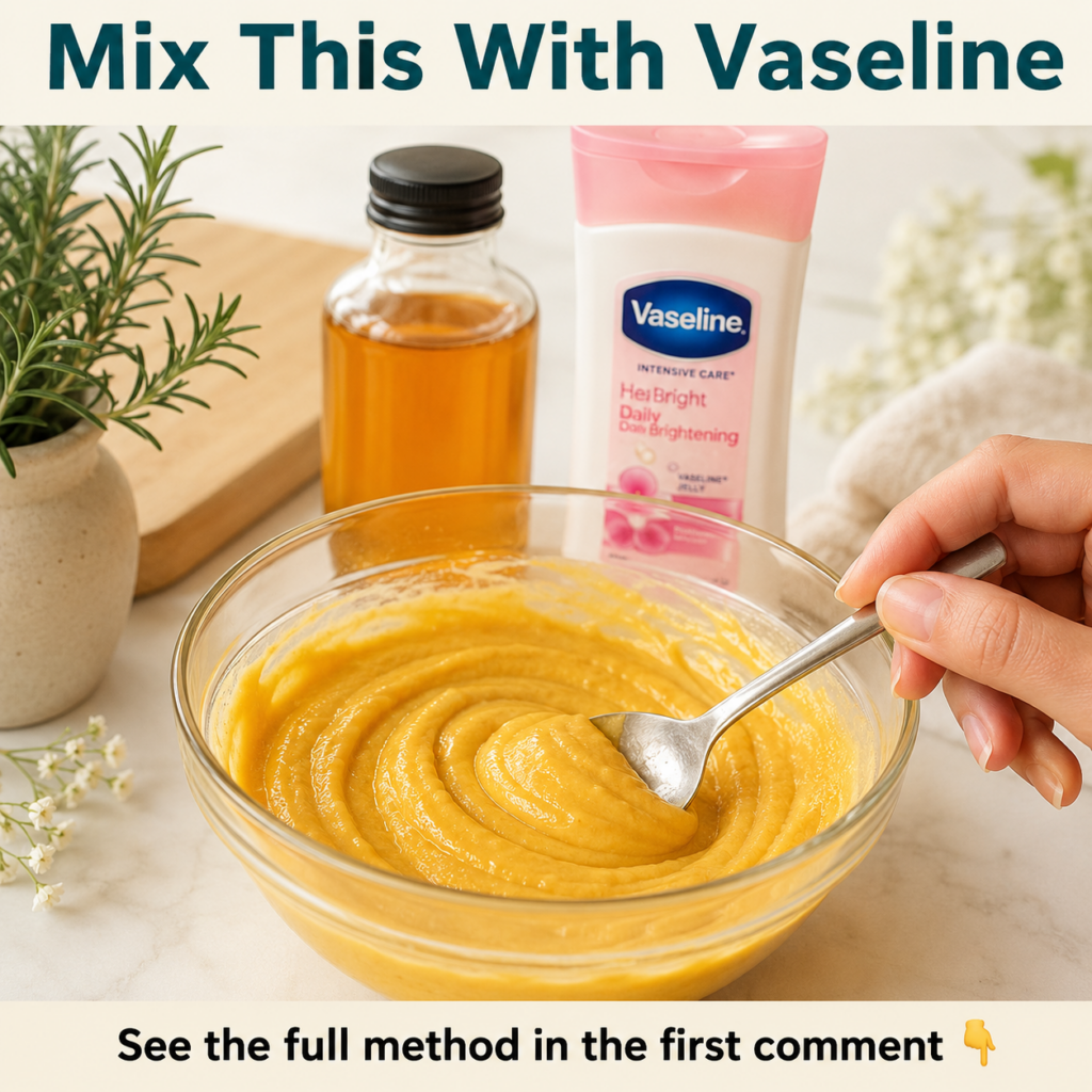 A small glass jar containing a creamy mixture of Vaseline and honey with a wooden spoon dipping into it The background s