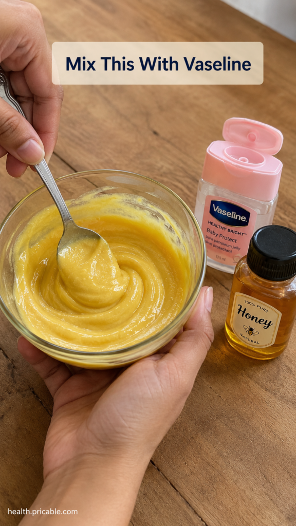 A close-up of a small glass bowl containing a creamy golden mixture of Vaseline and honey with a small spatula or mixing