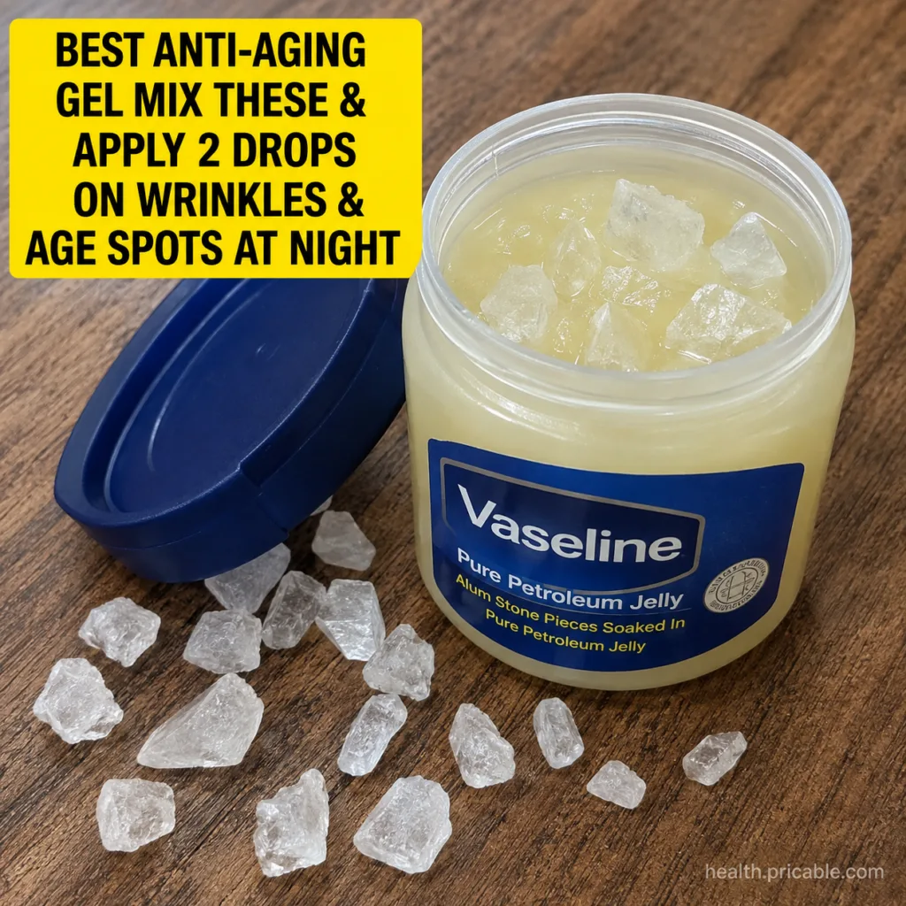 A small smooth white alum stone next to a jar of Vaseline petroleum jelly on a clean white surface suggesting a beauty r