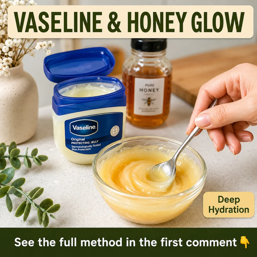 A small bowl containing a creamy light yellow mixture of Vaseline and honey with a jar of Vaseline and a jar of honey in