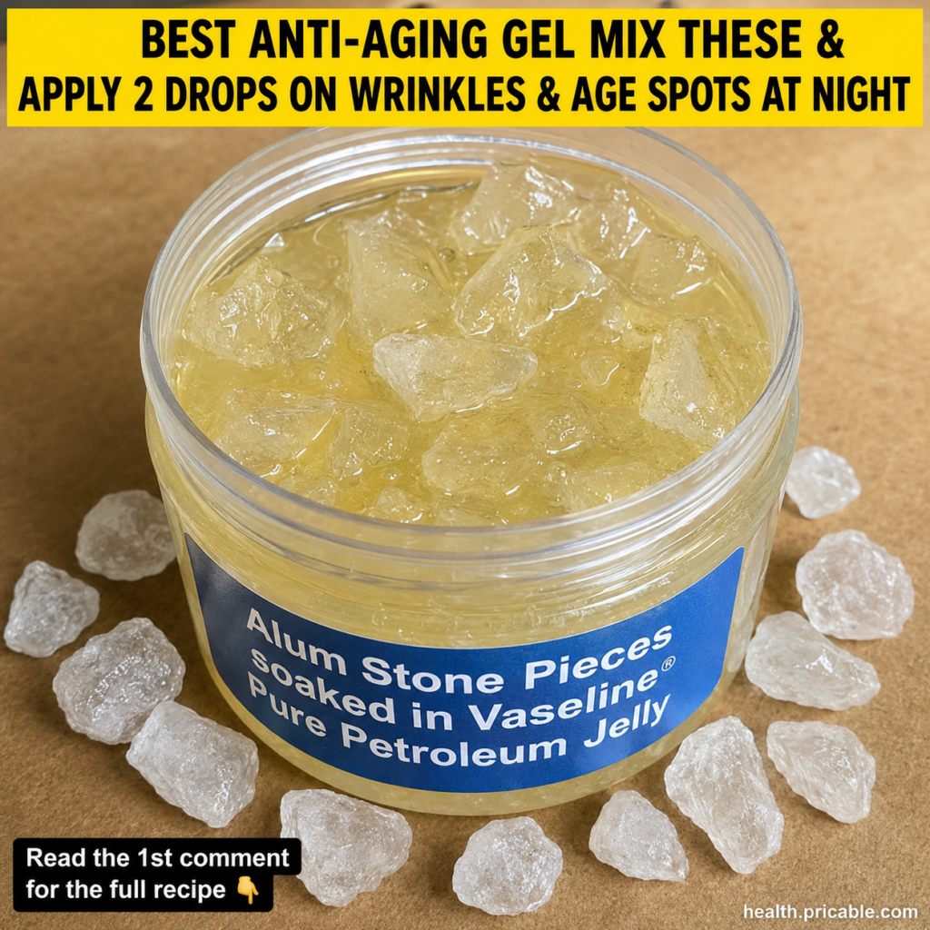 A small clear glass jar containing a creamy translucent DIY gel made from Vaseline and powdered alum with a small piece 
