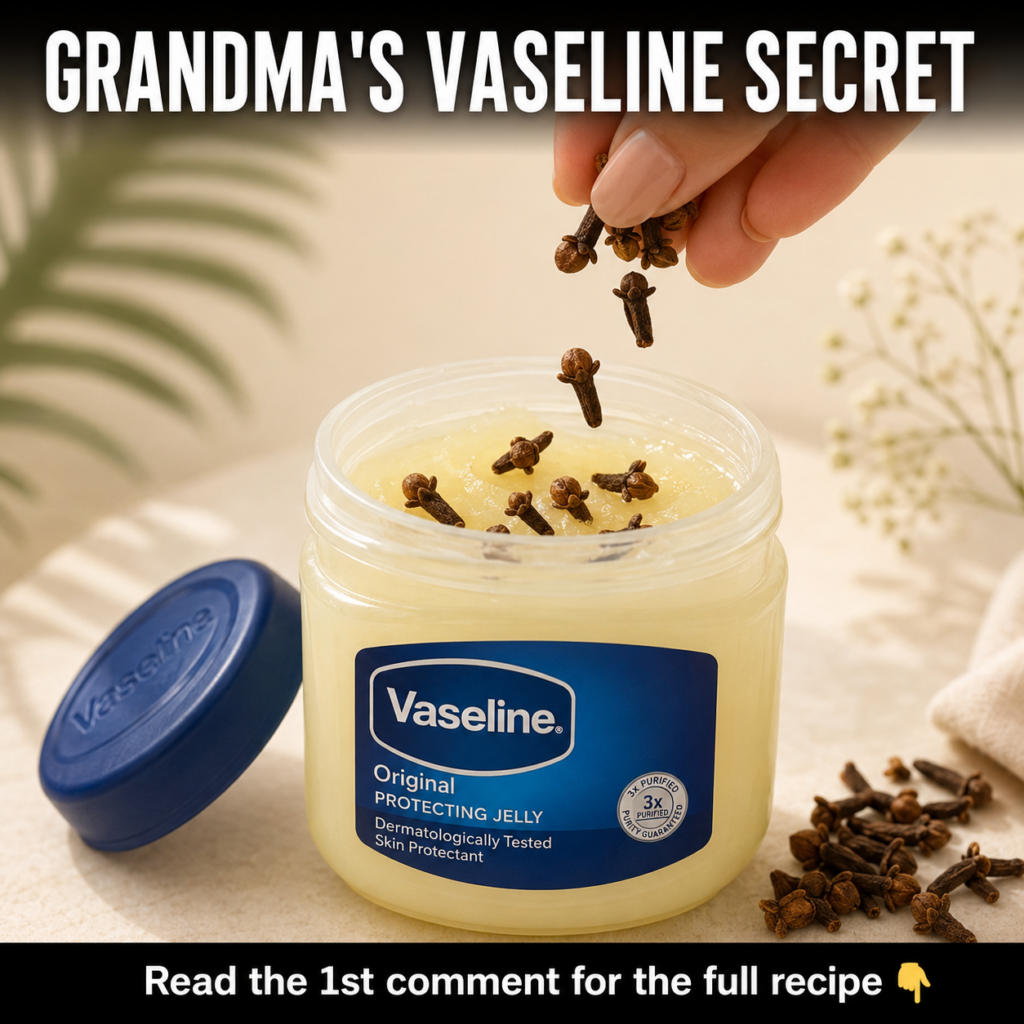 A small clear glass jar filled with a thick off-white homemade Vaseline and clove night gel with a few whole cloves scat