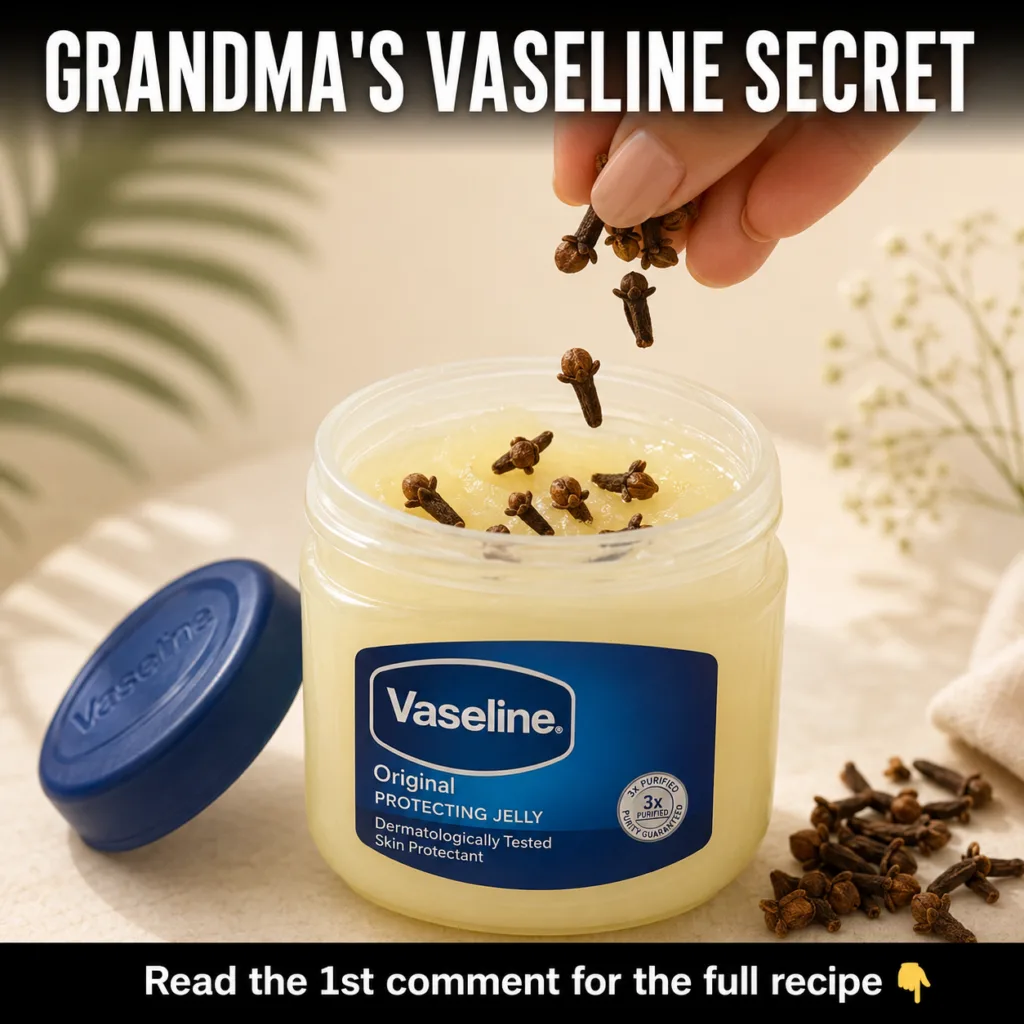 A small clear glass jar filled with a thick off-white homemade Vaseline and clove night gel with a few whole cloves scat