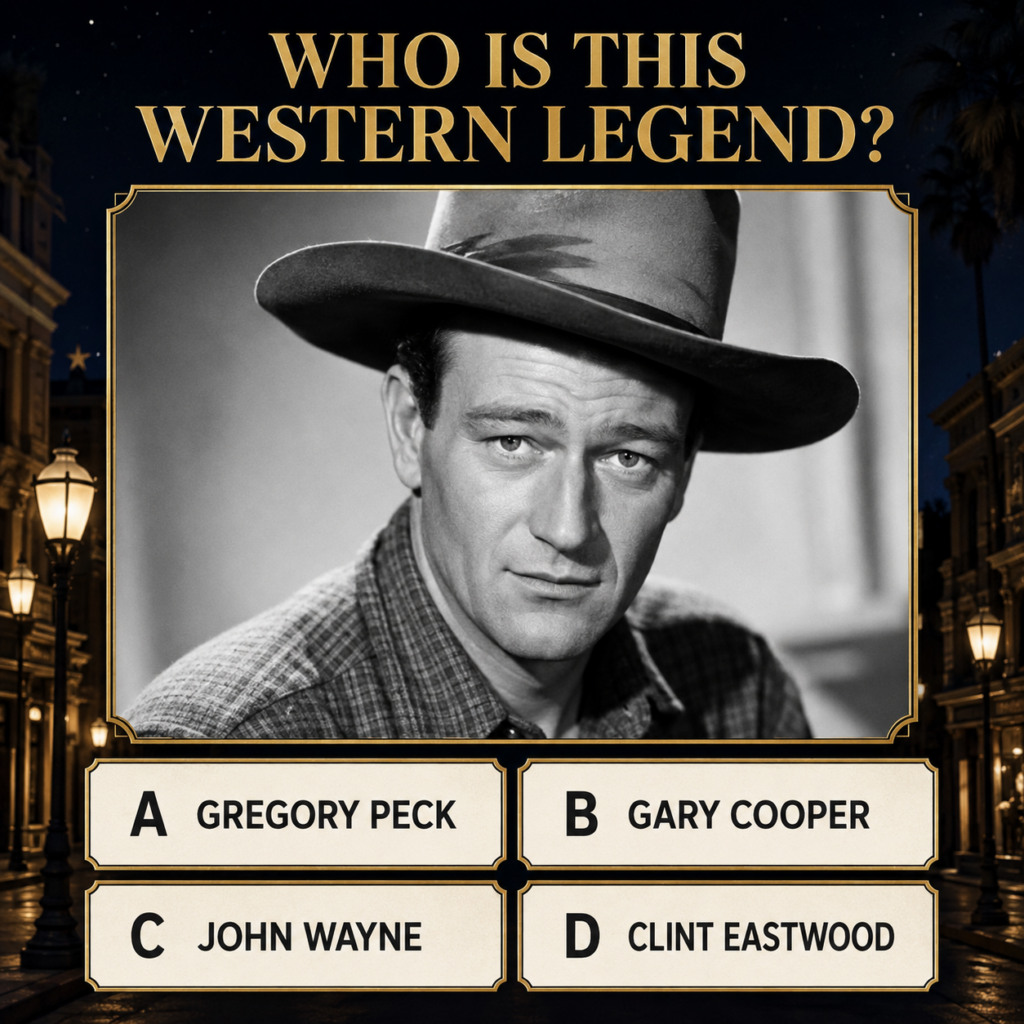 A black and white portrait of John Wayne in his prime wearing a cowboy hat and looking stoic
