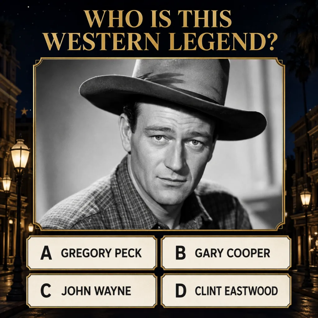 A black and white portrait of John Wayne in his prime wearing a cowboy hat and looking stoic