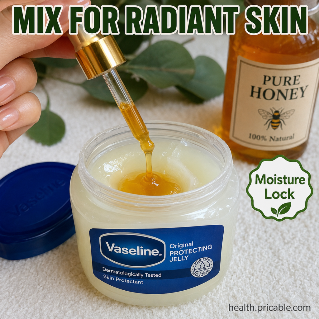 A close-up of a small bowl containing a creamy golden mixture of Vaseline and honey with a small spatula beside it on a 