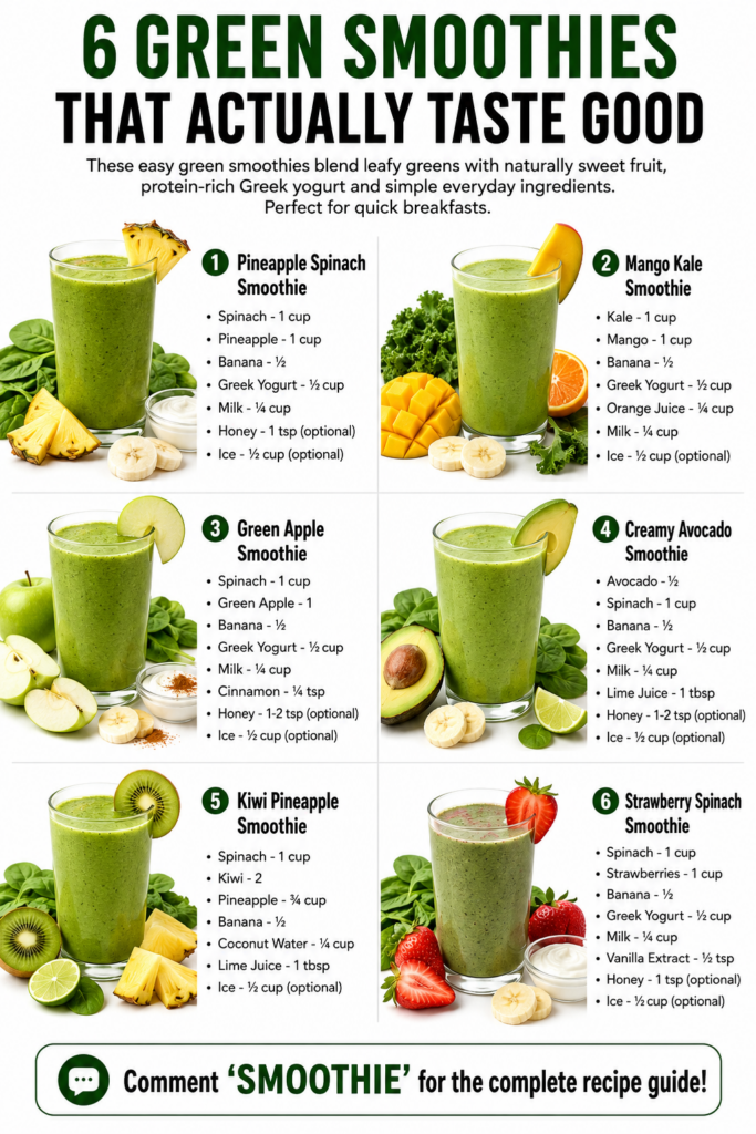 A vibrant collage of six different green smoothies in glasses showcasing various fruit and green combinations with a fre