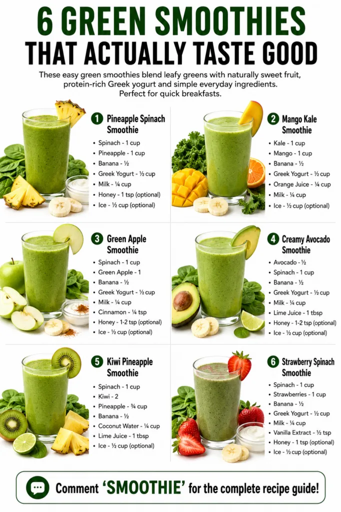 A vibrant collage of six different green smoothies in glasses showcasing various fruit and green combinations with a fre