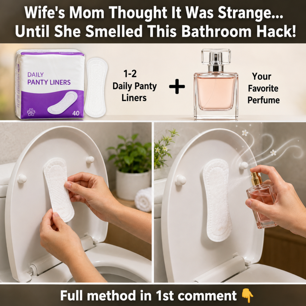 A hand spraying perfume onto two panty liners stuck to the inside of a toilet lid demonstrating a bathroom freshness hac