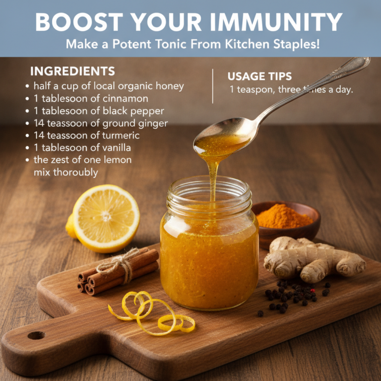 A golden immune-boosting tonic in a glass with fresh ginger turmeric root and a jar of honey visible in the background o