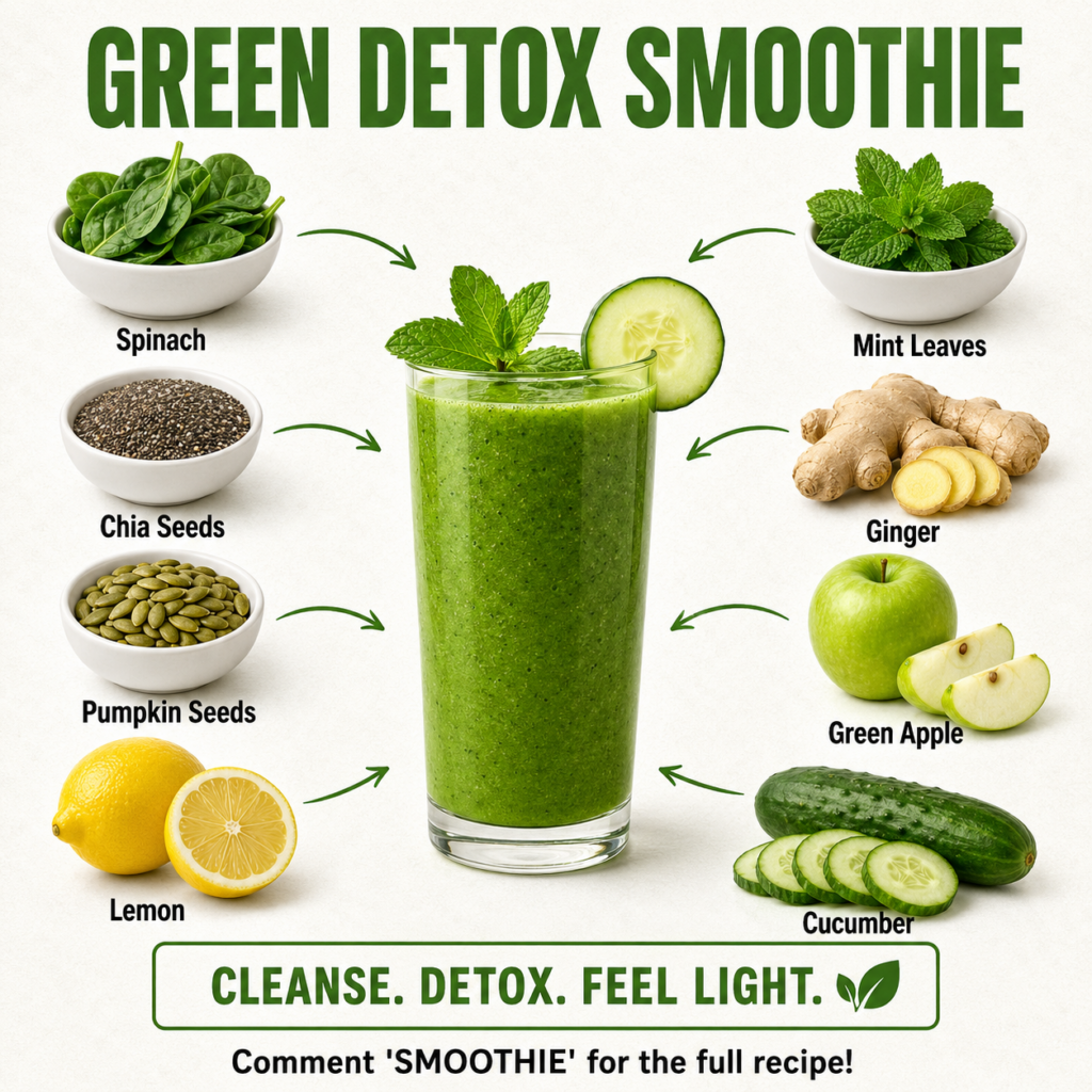 A vibrant green detox smoothie in a glass with fresh spinach lemon slices and ginger pieces around it suggesting natural