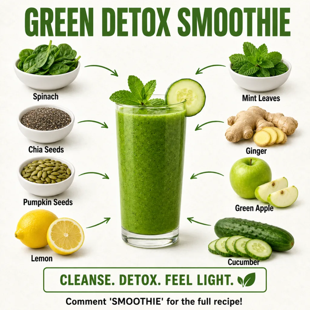 A vibrant green detox smoothie in a glass with fresh spinach lemon slices and ginger pieces around it suggesting natural
