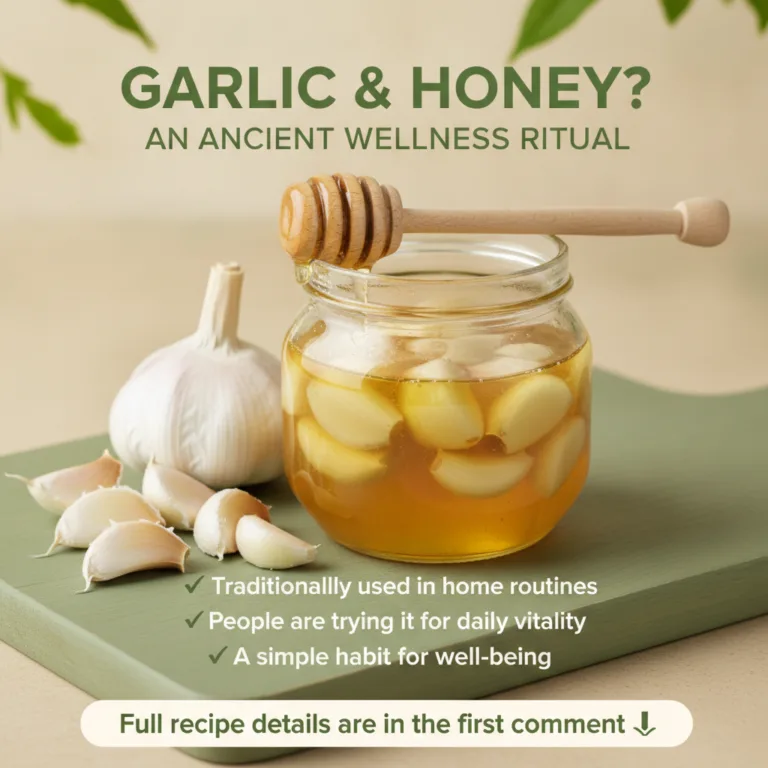 Close-up of fresh garlic cloves and a jar of golden honey with a wooden spoon dipping into the honey set on a rustic woo