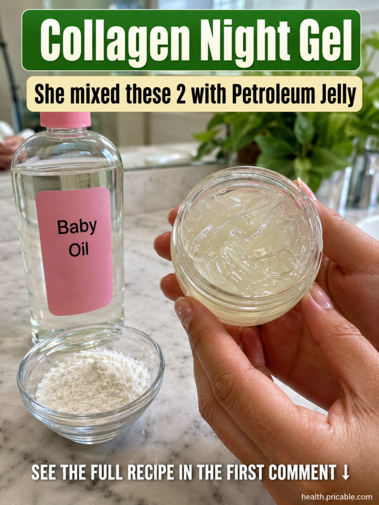 A jar of homemade night gel with Vaseline aloe vera gel and a small bottle of almond oil next to it on a clean bathroom 