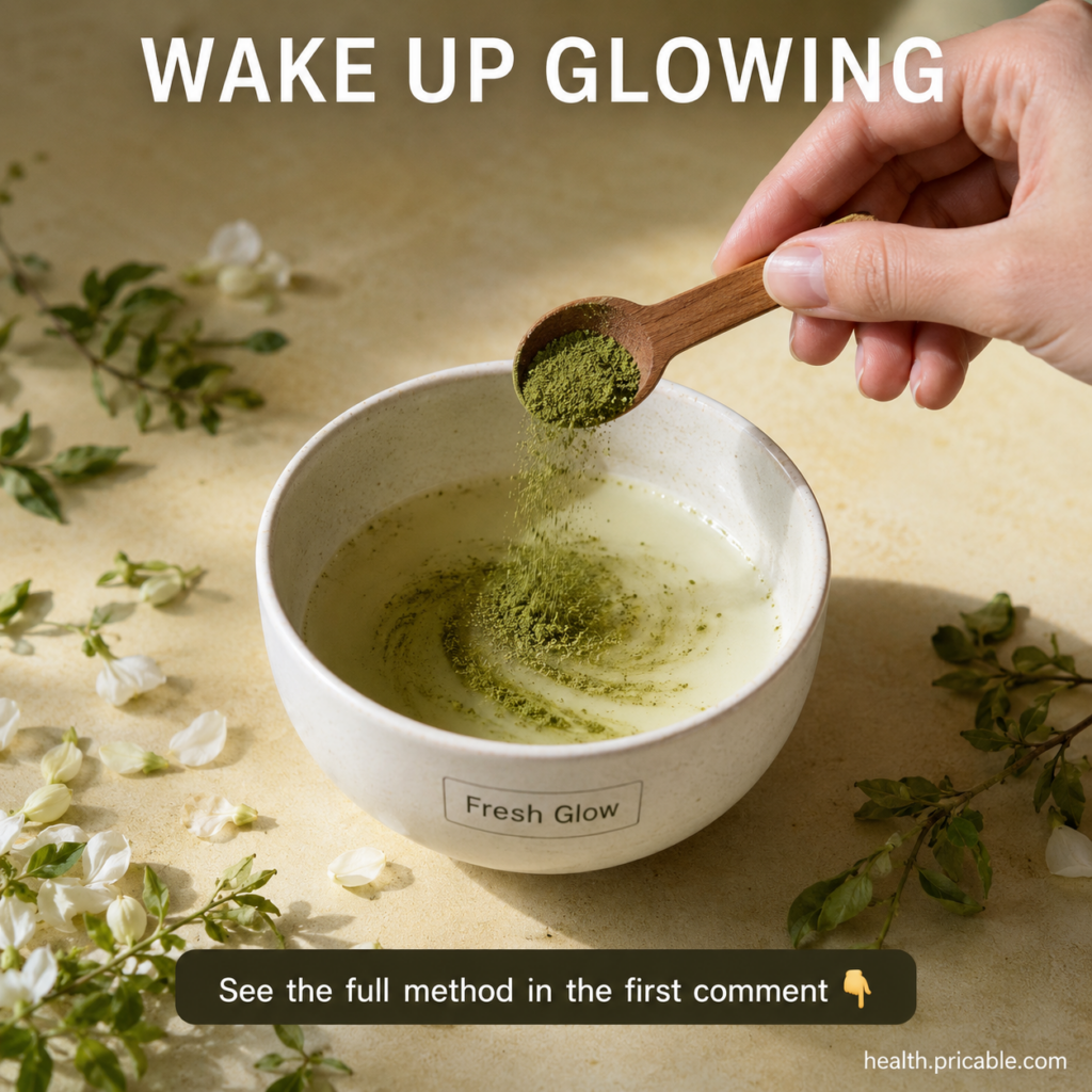 A vibrant green powder in a small glass jar with a spoon beside it The background is a bright clean kitchen counter with
